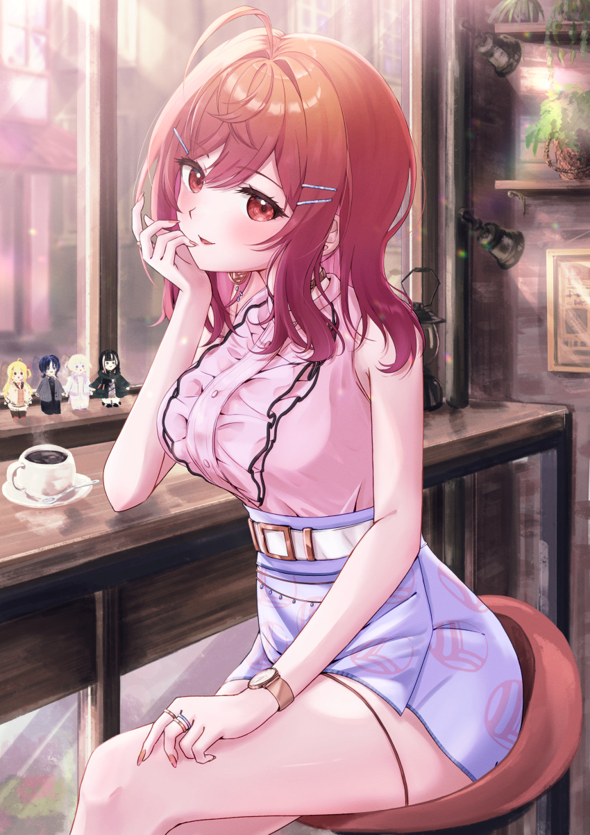 1girl, 4kimizuki, absurdres, ahoge, belt, blue_skirt, blush, breasts