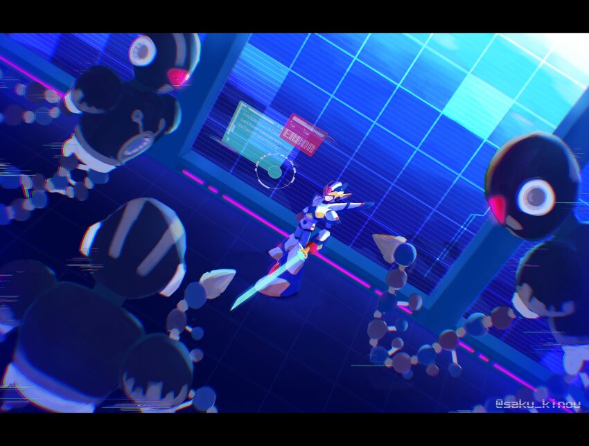 1boy, absurdres, armor, energy_sword, falcon_armor_x_(mega_man), forehead_jewel, glowing, glowing_eyes, highres, holding, holding_sword, holding_weapon, mechanical_wings, mega_man_(series), mega_man_x6, mega_man_x_(series), one-eyed, robot, saku_kinou, sword, twitter_username, weapon, wings, x_(mega_man)