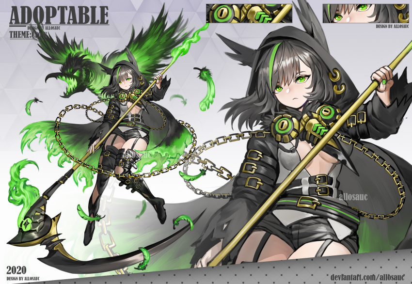 1girl, 2002, adoptable, allosauc, animal_ears, arm_belt, artist_name, belt, belt_buckle, bike_shorts, bird, bird_ears, black_belt, black_cloak, black_footwear, black_hair, black_hood, black_shorts, black_sleeves, boots, breasts, buckle, center_opening, chain, reference_sheet, cleavage, cloak, close-up, closed_mouth, clothing_cutout, commentary, cowboy_shot, creature_and_personification, crow, deviantart_username, earrings, english_commentary, english_text, feathers, fire, frown, full_body, gold_chain, gradient_background, gradient_cloak, green_cloak, green_eyes, green_fire, green_hair, green_nails, grey_background, highres, holding, holding_scythe, hood, hood_up, hooded_cloak, hoop_earrings, jewelry, large_breasts, leg_cutout, long_sleeves, looking_at_viewer, medium_hair, multicolored_hair, multiple_belts, multiple_views, nail_polish, original, personification, scythe, shirt, shorts, simple_background, streaked_hair, thigh_belt, thigh_boots, thigh_strap, torn_cloak, torn_clothes, torn_sleeves, triangle_background, watermark, white_shirt