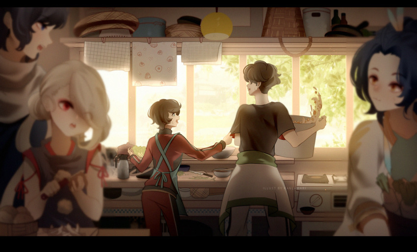 5boys, apron, arm_ribbon, asymmetrical_bangs, back_bow, bag, black_apron, black_collar