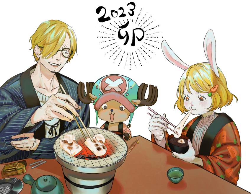 1girl, 2boys, absurdres, animal_ears, antlers, blonde_hair, bowl, cardigan