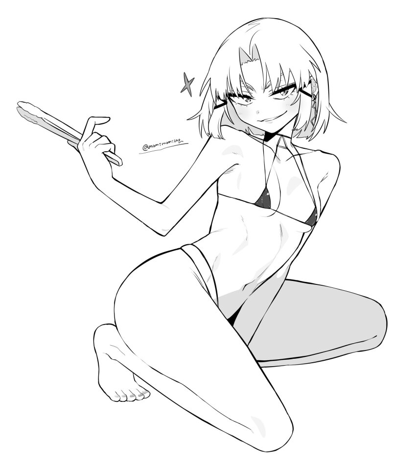 1girl, bare_shoulders, bikini, blush, breasts, cleavage, drake_(nikke), earrings