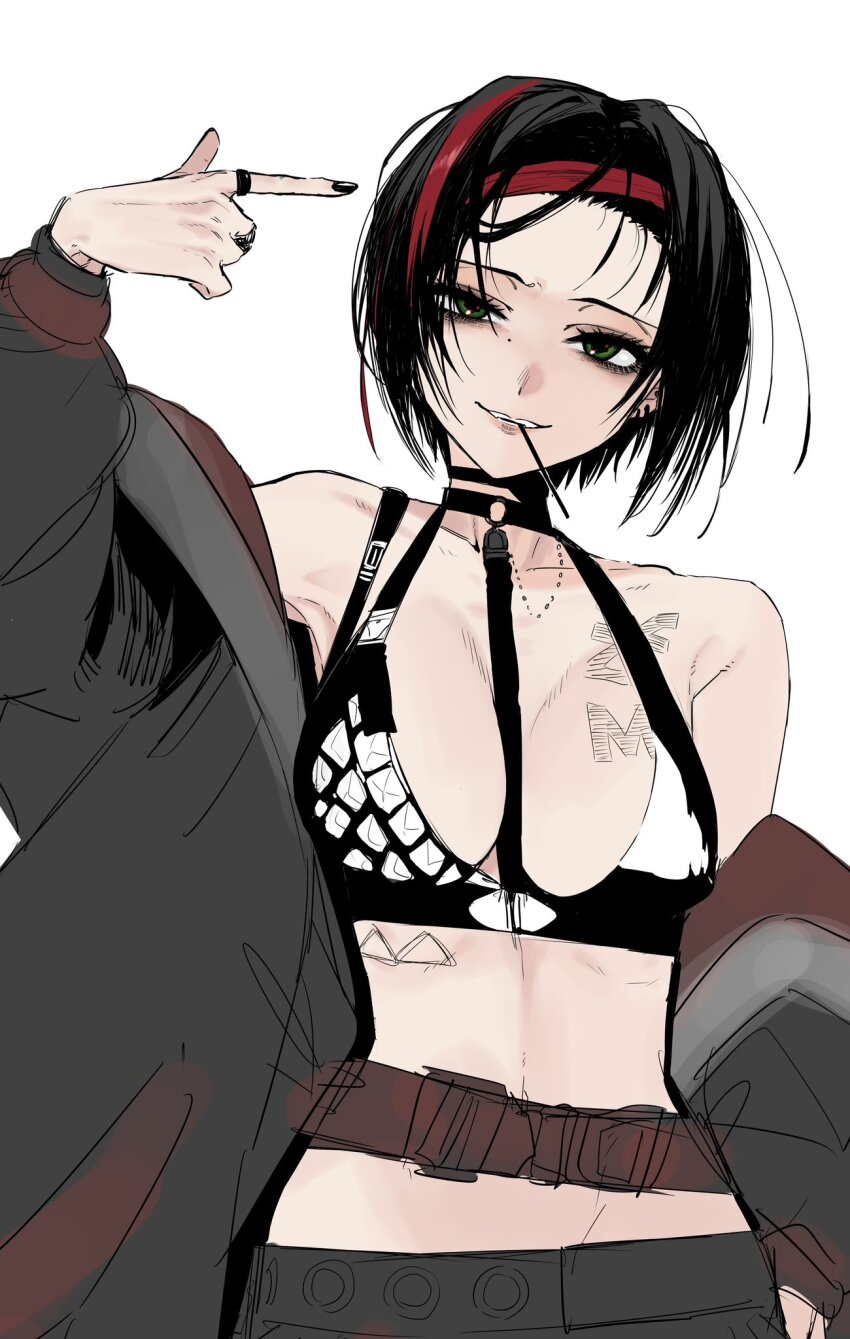 1girl, bare_shoulders, bikini, black_bikini, black_hair, black_jacket, black_nails, breasts