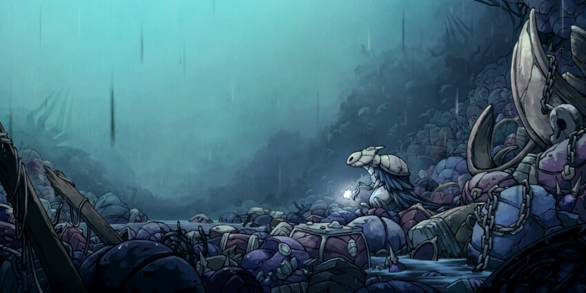 1girl, arthropod_girl, broken, chain, flower, fuifui, glowing, godseeker_(hollow_knight)