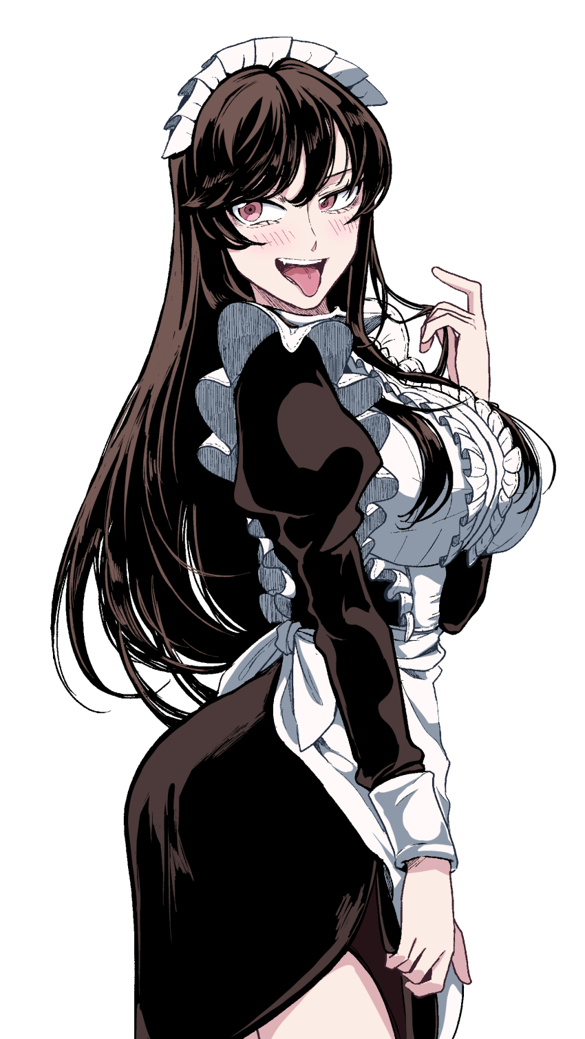 1girl, absurdres, apron, black_dress, black_hair, blush, breasts, commentary, cowboy_shot, dress, from_side, fufu_(fufuichi04), highres, large_breasts, long_hair, long_sleeves, looking_at_viewer, maid, maid_apron, maid_headdress, mana_(fufuichi04), open_mouth, original, pink_eyes, simple_background, solo, untranslatable_commentary, tongue, tongue_out, very_long_hair, white_background