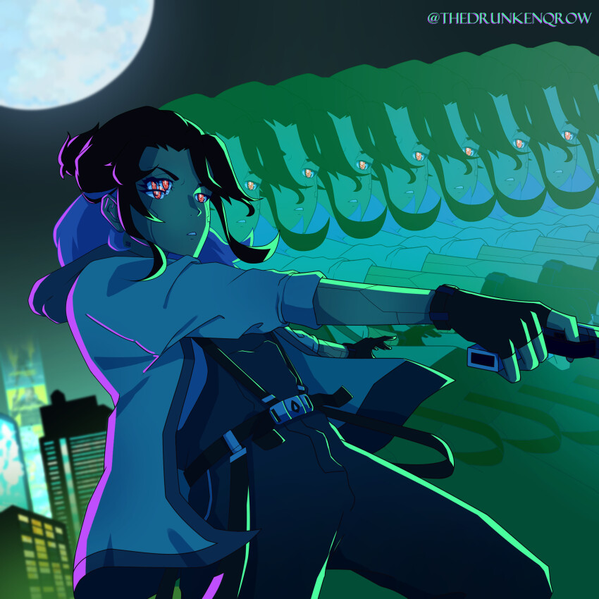 1girl, absurdres, artist_name, black_gloves, black_pants, character_request, commentary, cyberpunk:_edgerunners