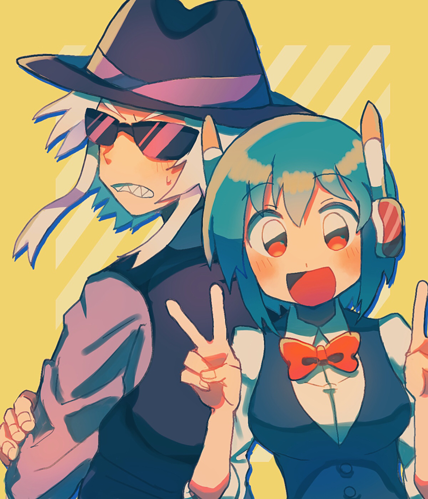 1boy, 1girl, blue_hair, breasts, clenched_teeth, double_v, grey_hair, hat