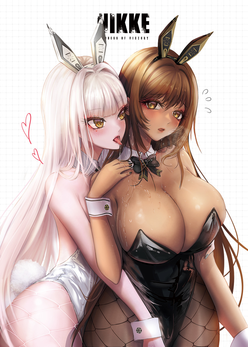 2girls, absurdres, animal_ears, black_bow, black_bowtie, black_footwear, black_leotard, black_nails, blanc_(nikke), blush, bow, bowtie, breasts, brown_eyes, brown_hair, brown_pantyhose, cleavage, copyright_name, dark-skinned_female, dark_skin, detached_collar, fake_animal_ears, fake_tail, fishnet_pantyhose, fishnets, goddess_of_victory:_nikke, hair_intakes, heart, high_heels, highleg, highleg_leotard, highres, huge_breasts, leotard, long_hair, medium_breasts, multiple_girls, nail_polish, noir_(nikke), pantyhose, pinkuempire, playboy_bunny, rabbit_ears, rabbit_tail, strapless, strapless_leotard, sweat, tail, tongue, tongue_out, very_long_hair, white_hair, white_leotard, wrist_cuffs, yellow_eyes
