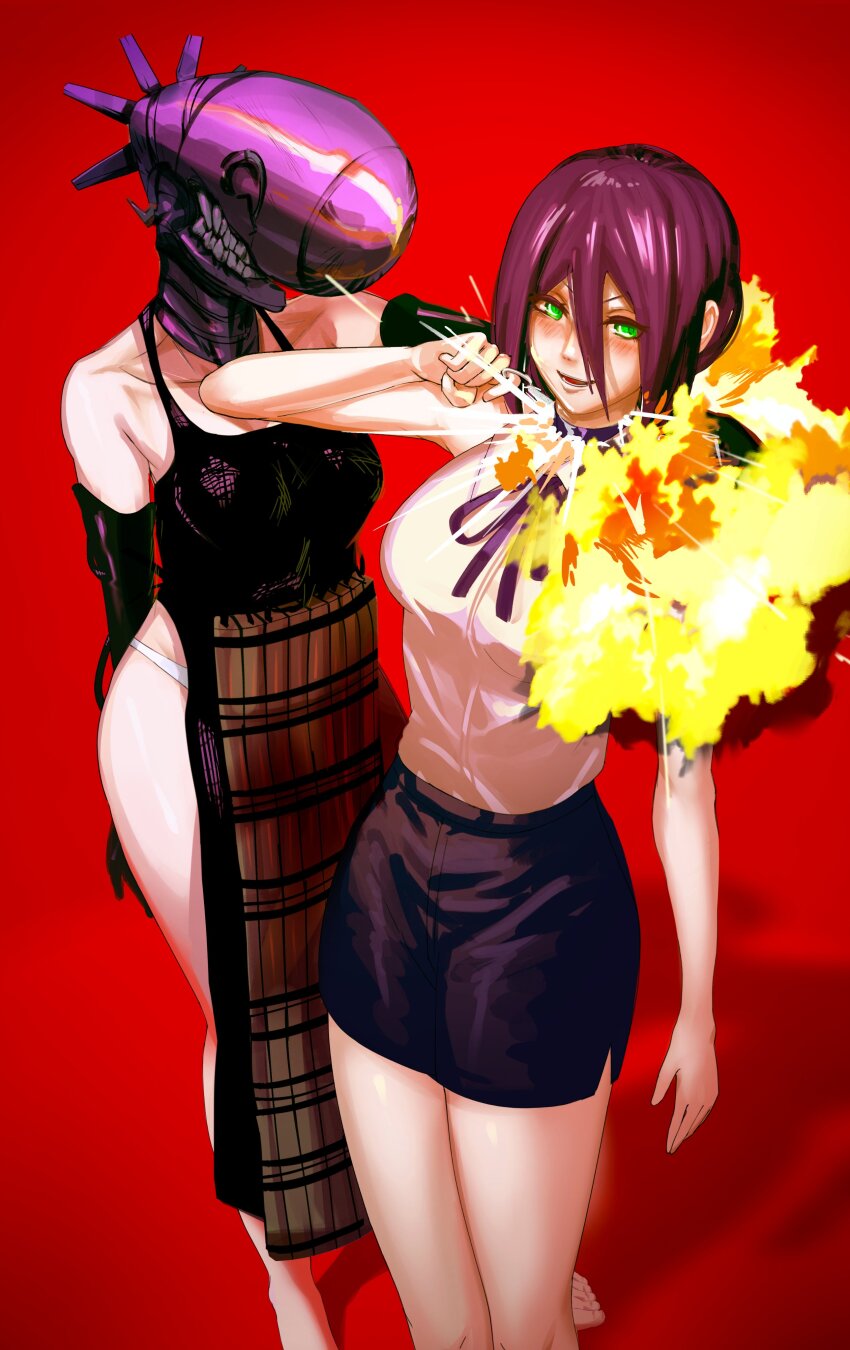 1girl, absurdres, apron, bare_shoulders, barefoot, blush, bomb, bomb_devil_(chainsaw_man)