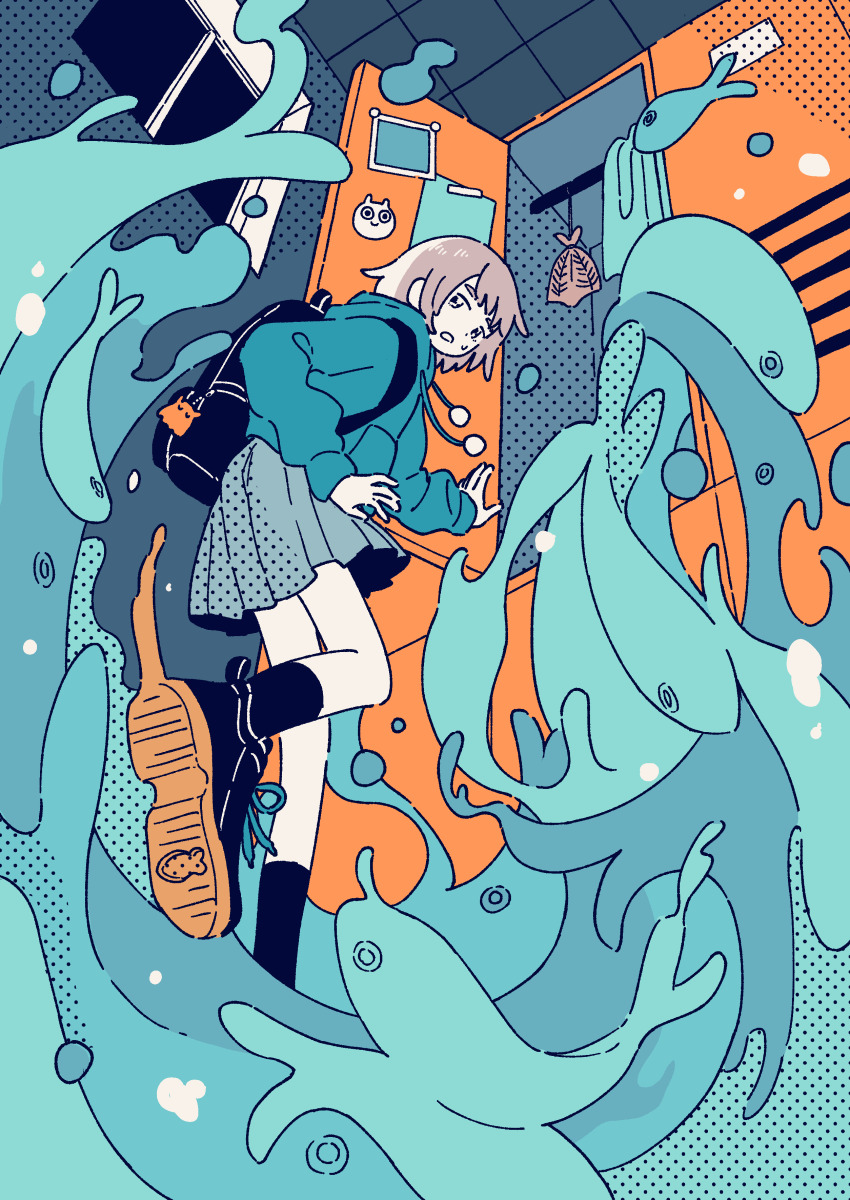 1girl, absurdres, aqua_theme, backpack, bag, fish, from_below, highres