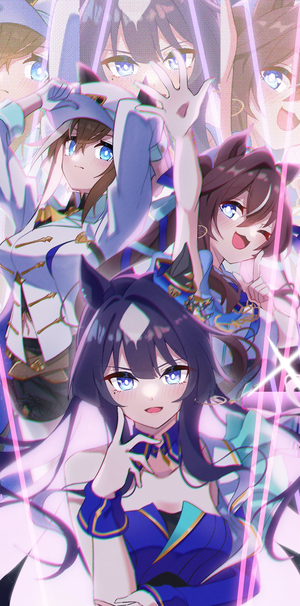 3girls, animal_ears, arms_up, blue_eyes, blush, breasts, brown_hair, cape