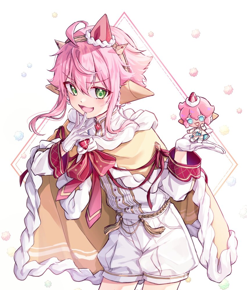 1boy, 1other, androgynous, blue_eyes, blush, brown_cape, cape, cookie_run, cookie_run:_kingdom, cosplay, ensemble_stars!, food, food-themed_hair_ornament, fruit, green_eyes, hair_ornament, highres, himemiya_tori, holding, holding_mini_person, ice_cream_cone, kumomo_36, mini_person, multicolored_cape, pink_hair, shirt, short_hair, short_hair_with_long_locks, shorts, strawberry, strawberry_crepe_cookie, strawberry_crepe_cookie_(cosplay), strawberry_hair_ornament, white_cape, white_shirt, white_shorts