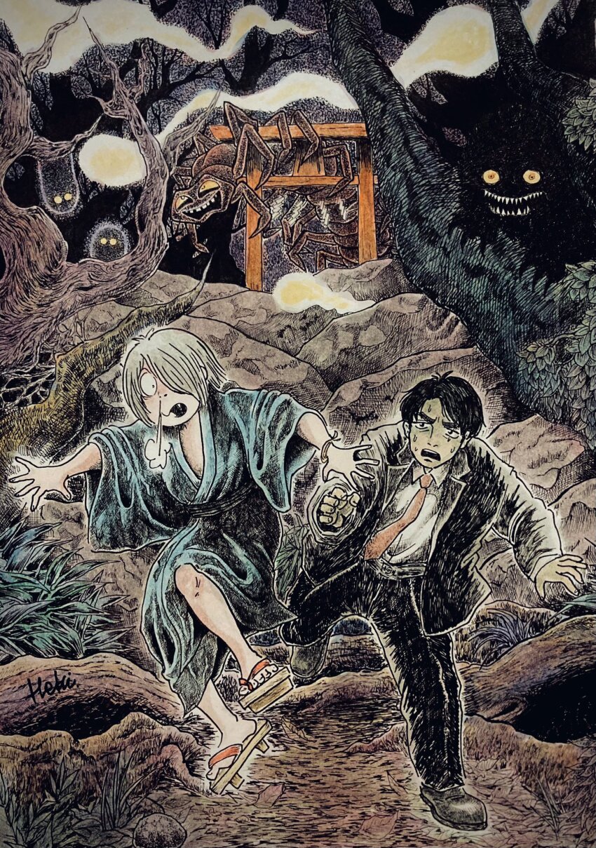 2boys, black_hair, colored_sclera, commentary_request, formal_clothes, gegege_no_kitarou, geta, grey_hair, hair_over_one_eye, highres, hitodama, kitarou_tanjou:_gegege_no_nazo, male_focus, maruimaruisekai, medama_oyaji_(human), mizuki_(gegege_no_kitarou), mizuki_shigeru_(style), multiple_boys, necktie, one_eye_covered, parody, running, scar, scar_across_eye, scar_on_face, sharp_teeth, short_hair, style_parody, suit, teeth, traditional_youkai, yellow_sclera