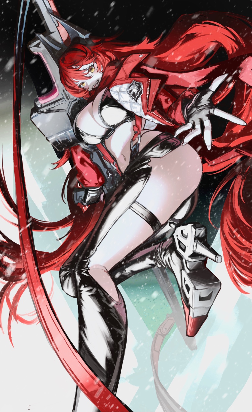 1girl, absurdres, anti-materiel_rifle, barrett_m82a2, black_gloves, black_horns, bra, breasts