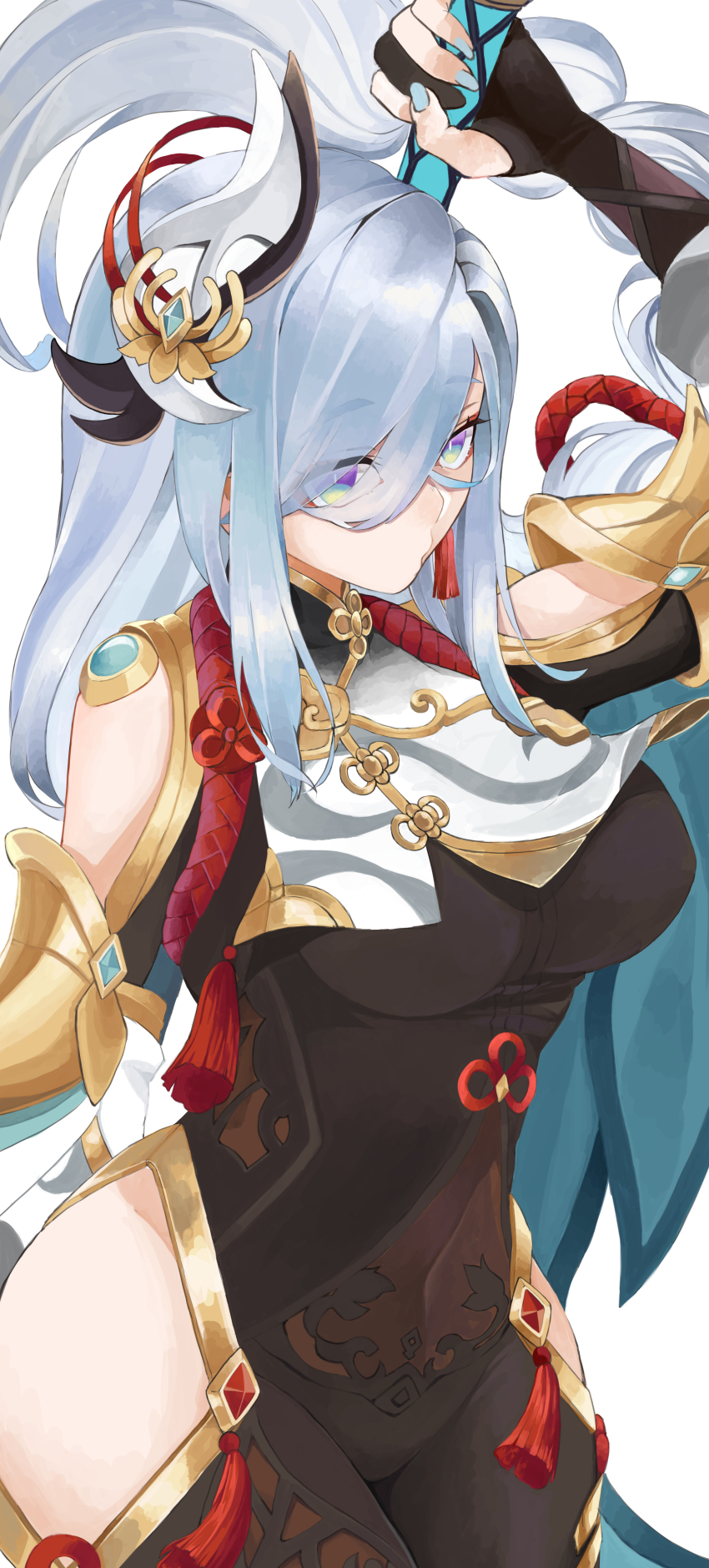 1girl, absurdres, arm_up, black_bodysuit, bodysuit, braid, breasts, chikushi_azu, clothing_cutout, covered_navel, cowboy_shot, empty_eyes, eyelashes, eyes_visible_through_hair, fingernails, floating_hair, genshin_impact, gloves, grey_hair, hair_ornament, hair_over_one_eye, highres, hip_vent, holding, holding_weapon, jewelry, large_breasts, long_hair, looking_at_viewer, low-braided_long_hair, low-tied_long_hair, multicolored_eyes, nail_polish, partially_fingerless_gloves, puckered_lips, shenhe_(genshin_impact), shoulder_cutout, simple_background, solo, tassel, thigh_cutout, very_long_hair, weapon, white_background