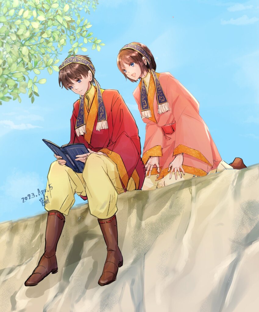 1boy, 1girl, :d, blue_eyes, book, boots, branch, brother_and_sister