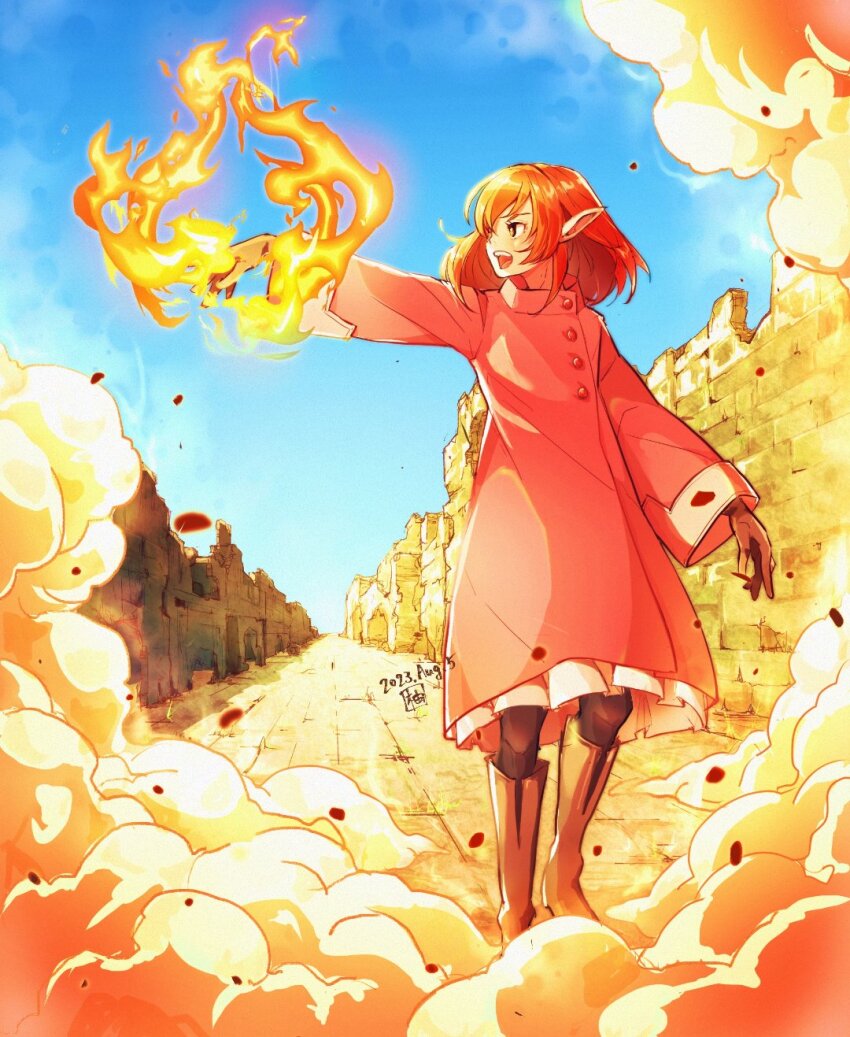 1girl, arm_at_side, ashes, black_gloves, black_pantyhose, blue_sky, boots, building