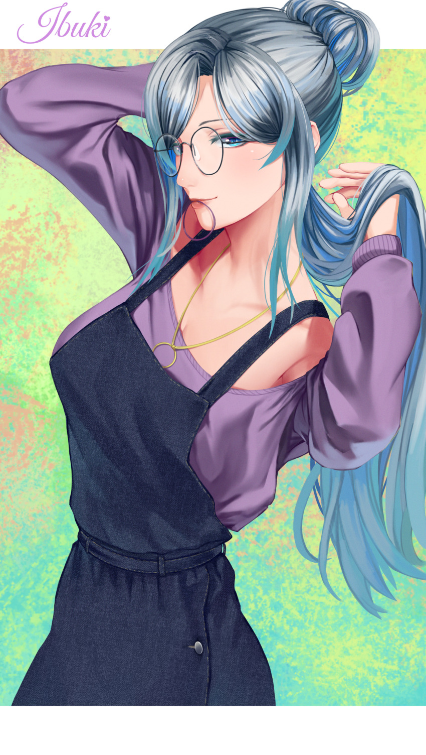 1girl, absurdres, apron, aqua_background, arm_behind_head, arm_up, bare_shoulders, black-framed_eyewear
