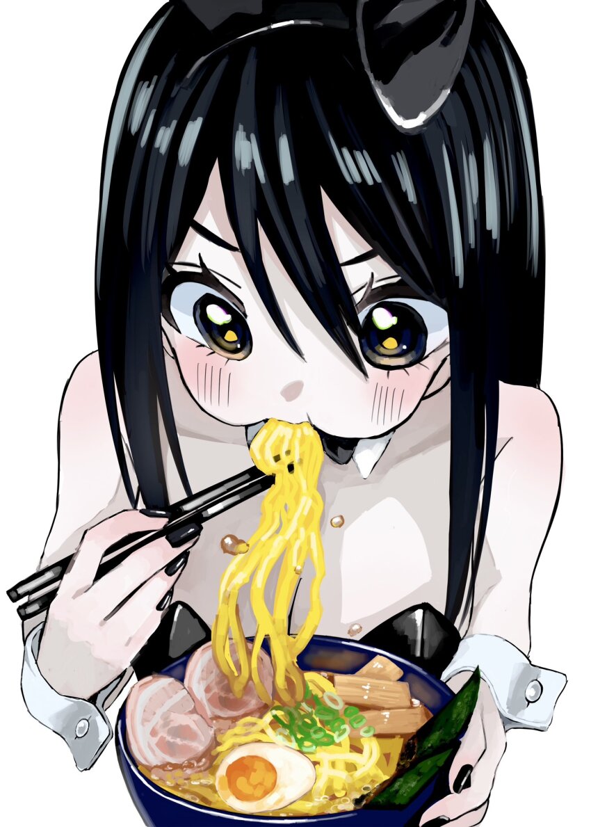 1girl, animal_ears, black_eyes, black_hair, black_leotard, black_nails, blush, bowl