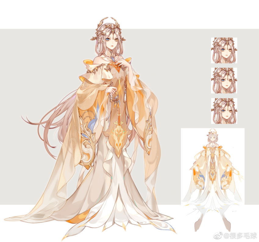 1girl, bare_shoulders, blonde_hair, blue_eyes, border, bracelet, reference_sheet, chinese_clothes