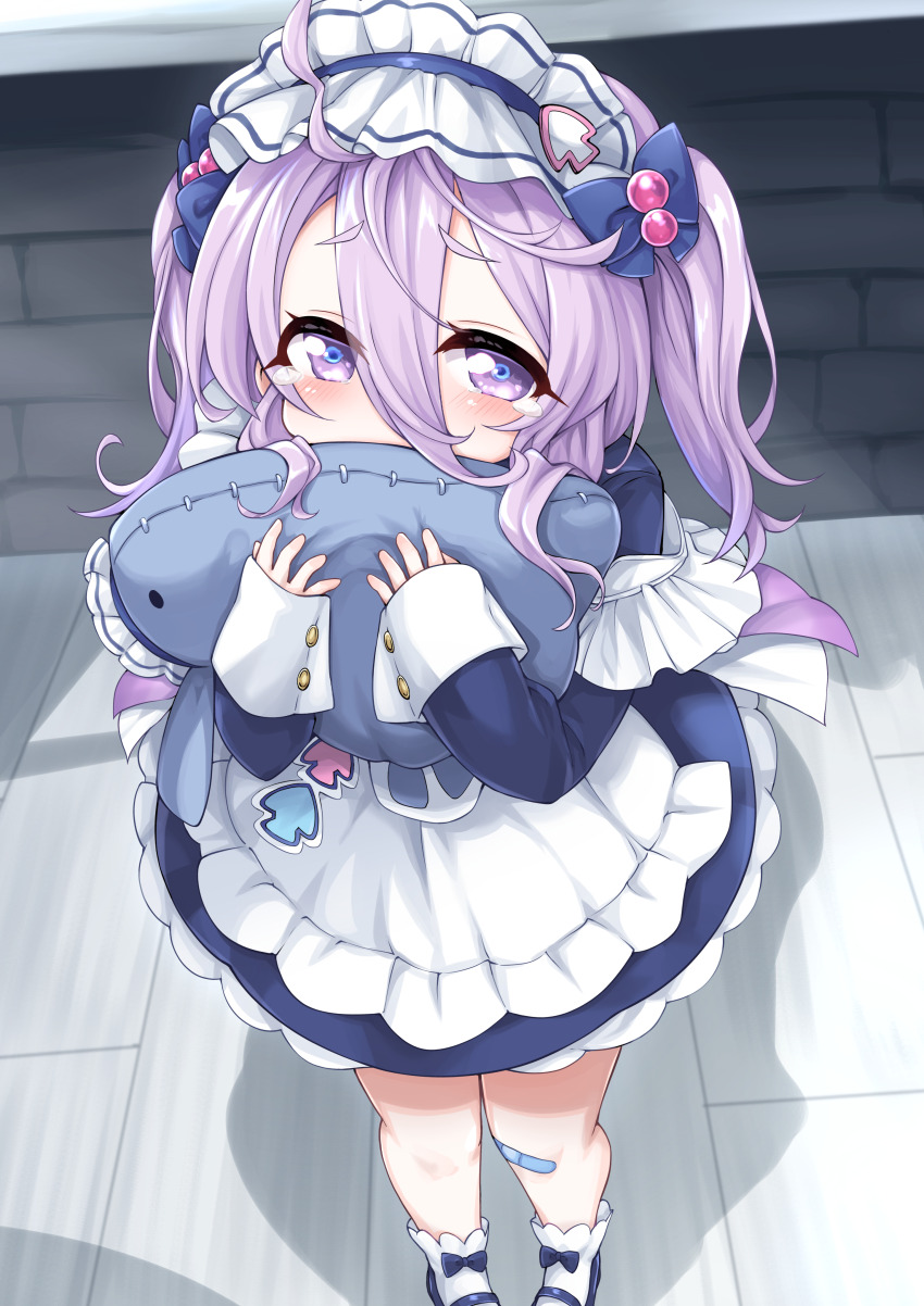 1girl, absurdres, alternate_costume, azur_lane, bandaid, bandaid_on_knee, bandaid_on_leg, blue_dress, blue_shoes, blush, commentary_request, dress, flasher_(azur_lane), flasher_(tearjerking_service)_(azur_lane), full_body, hair_between_eyes, highres, holding, holding_stuffed_toy, kinomiki_nobori, long_sleeves, looking_at_viewer, maid, maid_headdress, mary_janes, medium_hair, purple_eyes, purple_hair, shoes, sleeves_past_wrists, socks, solo, standing, stuffed_toy, tears, twintails, white_socks