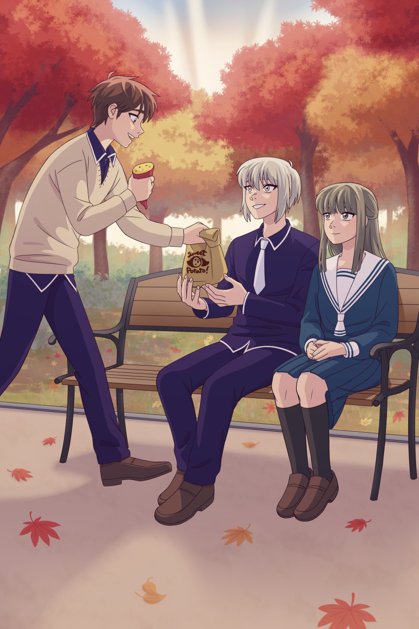 1girl, 2boys, absurdres, autumn, bag, bench, black_socks, blue_pants