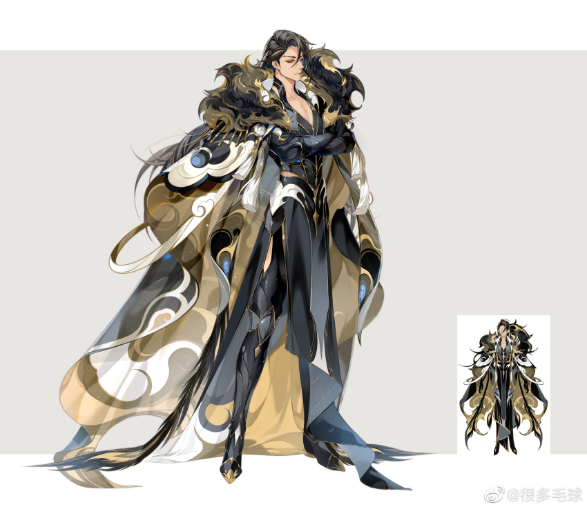 1boy, arm_guards, armor, armored_boots, asymmetrical_bangs, black_cape, black_footwear, black_gloves