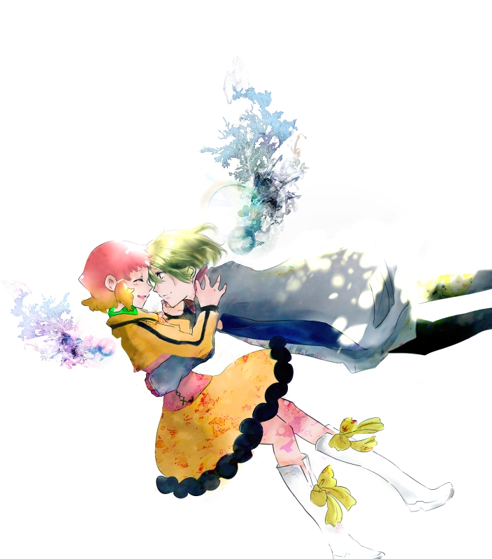 1boy, 1girl, aquarion_(series), aquarion_evol, boots, closed_eyes, couple, gradient_hair, green_hair, hair_ornament, hairclip, headphones, headphones_around_neck, hug, jin_musou, kn-aoight, looking_at_another, multicolored_hair, orange_skirt, short_hair, simple_background, skirt, smile, white_background, white_footwear, yunoha_thrul