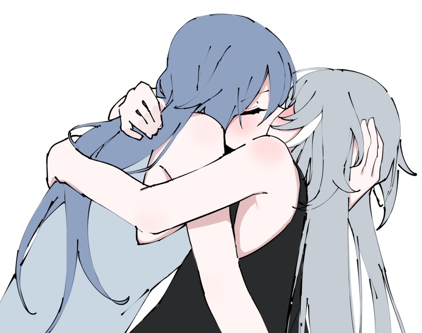 2girls, black_shirt, blue_hair, blue_shirt, closed_eyes, fu_hua, herrscher_of_sentience, grey_hair