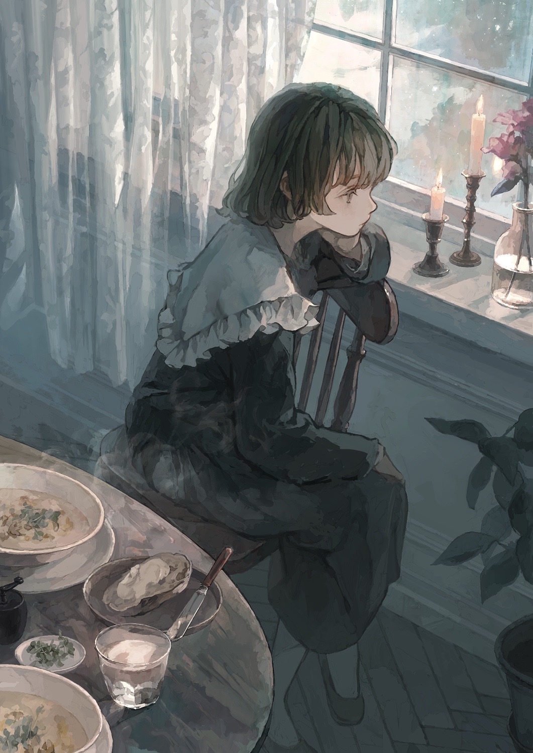 1girl, black_dress, bowl, breakfast, brown_eyes, brown_hair, butter, butter_knife