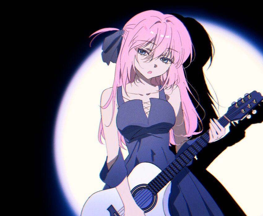 1girl, bare_shoulders, black_dress, black_ribbon, blue_eyes, blue_hair, bocchi_the_rock!, chromatic_aberration, collarbone, commentary, dress, film_grain, gotoh_hitori, guitar, hair_between_eyes, hair_ribbon, holding, holding_guitar, holding_instrument, instrument, long_hair, looking_at_viewer, one_side_up, open_mouth, parody, pong_(pong_o0), ribbon, scene_reference, shadow, shiina_ringo, sidelocks, sleeveless, sleeveless_dress, solo, spotlight, tokyo_jihen