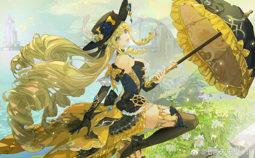 1girl, :d, bare_shoulders, black_boots, black_gloves, black_hat, black_umbrella, blonde_hair