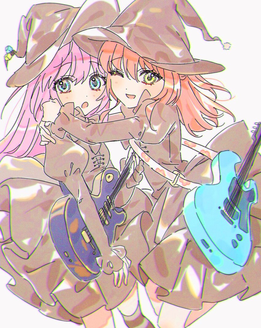 2girls, :d, black_dress, black_headwear, blush, bocchi_the_rock!, chromatic_aberration, commentary, cowboy_shot, cube_hat_ornament, dress, film_grain, gotoh_hitori, green_eyes, guitar, hair_between_eyes, hat, highres, holding, holding_guitar, holding_instrument, hug, instrument, juliet_sleeves, kita_ikuyo, long_hair, long_sleeves, looking_at_viewer, multiple_girls, one_eye_closed, open_mouth, pink_hair, pong_(pong_o0), puffy_sleeves, red_hair, sidelocks, smile, white_background, witch_hat, yuri