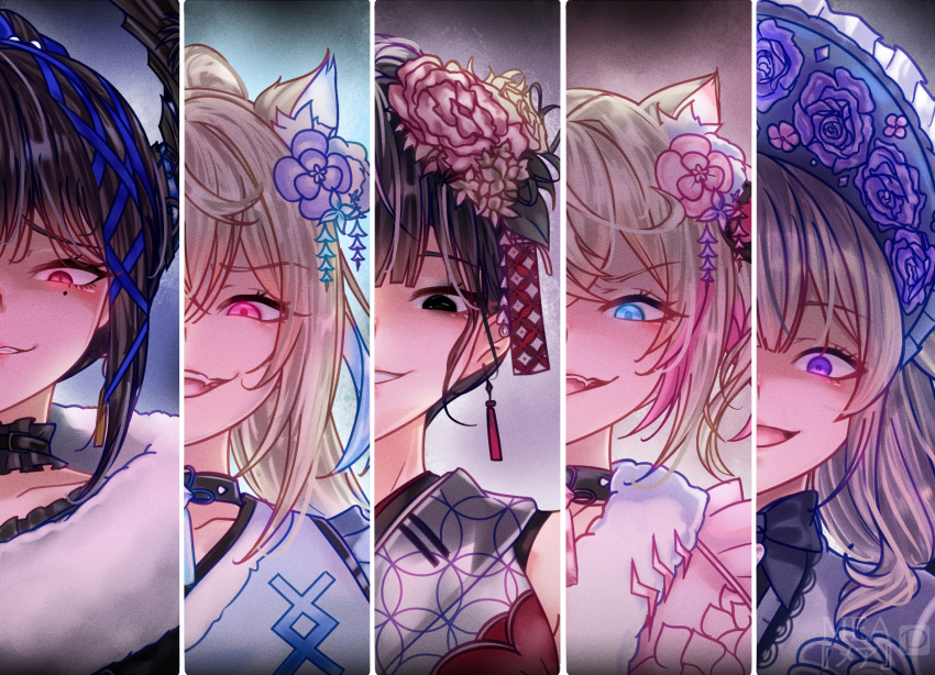 5girls, animal_ears, black_eyes, black_hair, blonde_hair, blue_eyes, bonnet, collar