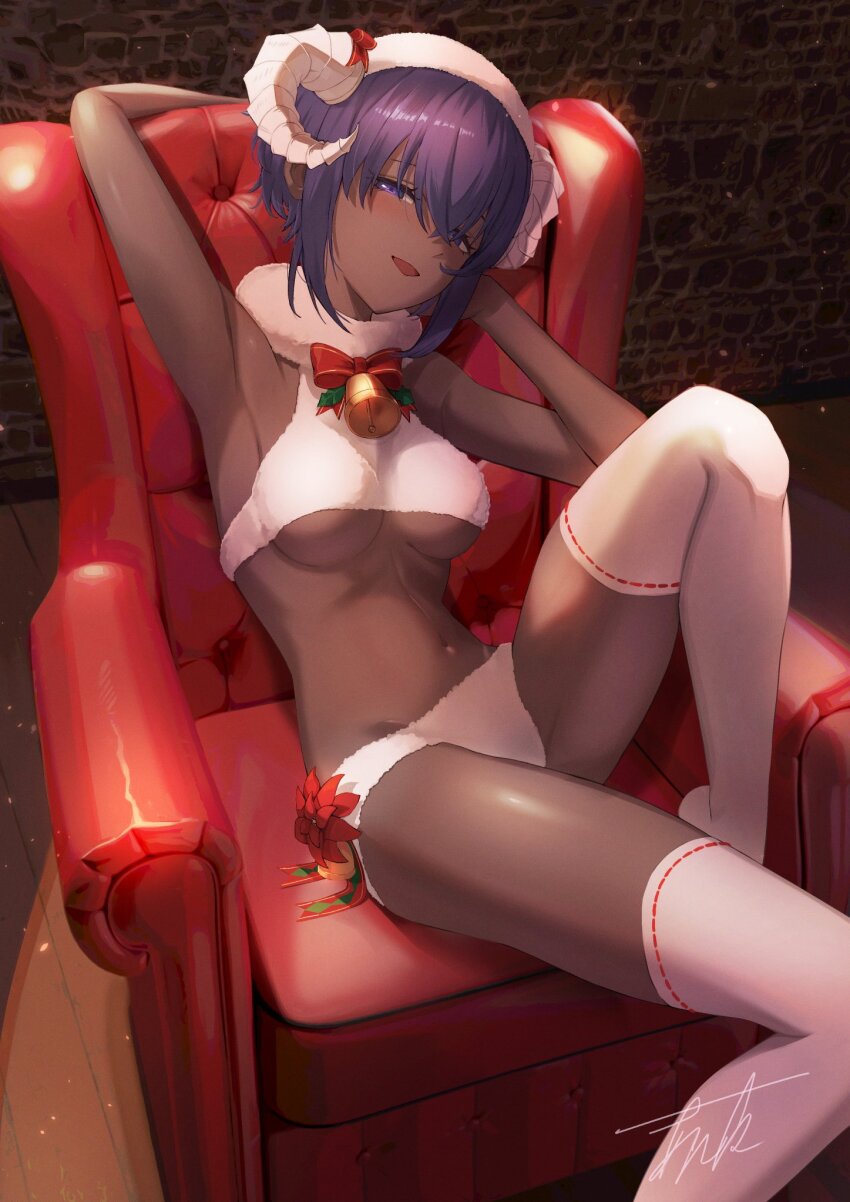 1girl, announ_(kurotya), bare_shoulders, blush, bra, breasts, chair, dark-skinned_female