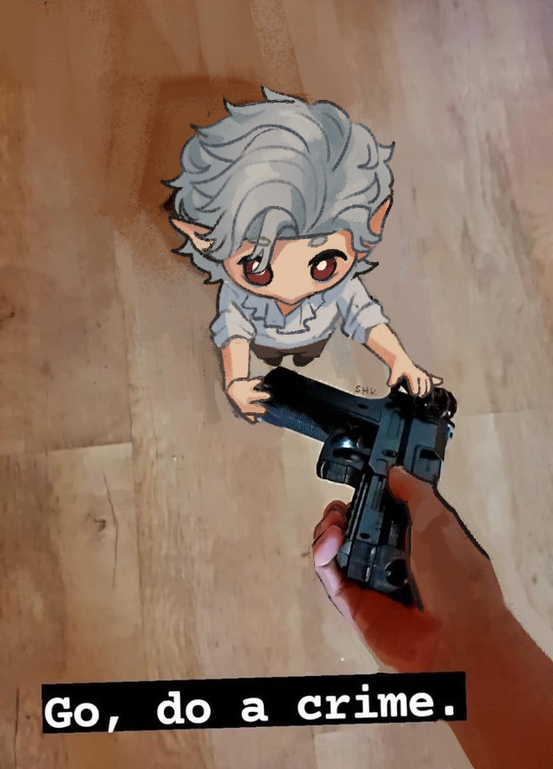 1boy, astarion, baldur's_gate, baldur's_gate_3, brown_pants, dungeons_&amp;_dragons, from_above, go_do_a_crime_(meme), grey_hair, grey_shirt, gun, holding, holding_gun, holding_weapon, male_focus, medium_hair, meme, mini_person, miniboy, pants, pointy_ears, red_eyes, shinkomi, shirt, viewer_holding_weapon, weapon, wooden_floor