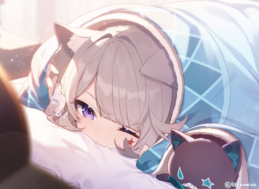 1girl, animal_ears, blanket, cat_ears, cat_girl, facial_mark, genshin_impact, grey_hair