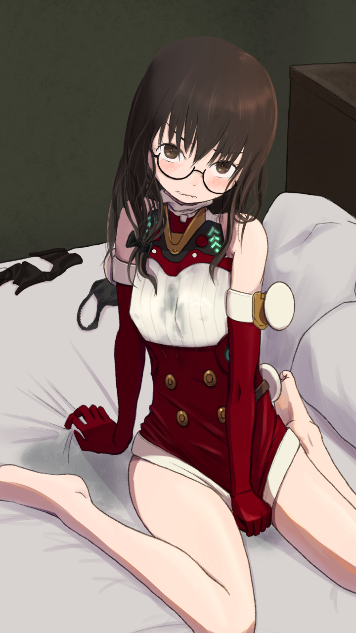 alice_gear_aegis, bare_legs, barefoot, bed_sheet, black-framed_eyewear, black_eyes, black_hair, blush