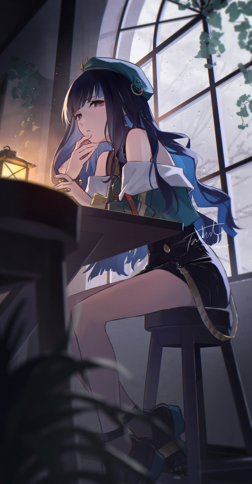 1girl, bare_shoulders, beret, black_hair, blue_hair, breasts, colored_inner_hair, fate/grand_order