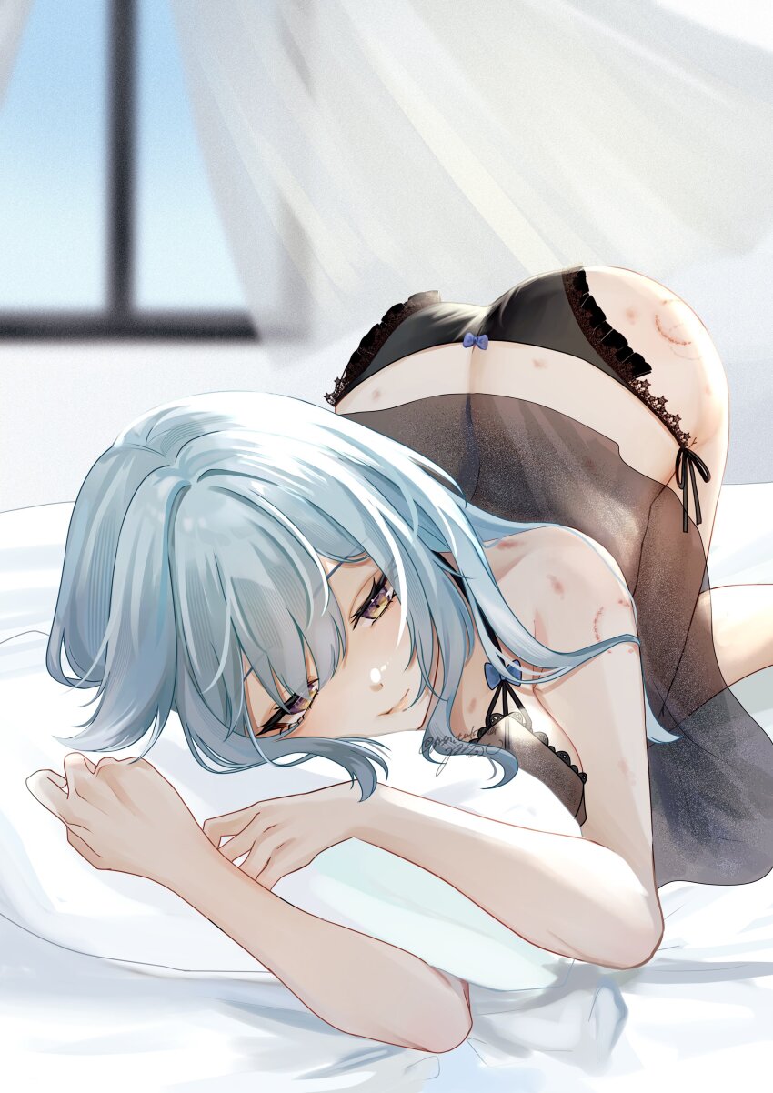 1girl, absurdres, ass, bed_sheet, bite_mark, bite_mark_on_ass, black_panties, blue_hair, breasts, butt_crack, eula_(genshin_impact), genshin_impact, gnsn_tukituki, hair_between_eyes, hickey, highres, lingerie, lying, medium_breasts, medium_hair, negligee, on_bed, on_stomach, panties, pillow, solo, thighs, top-down_bottom-up, underwear, yellow_eyes