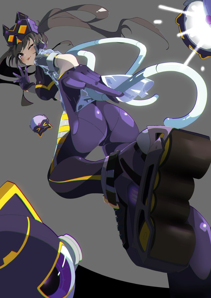 1girl, breasts, brown_eyes, brown_hair, cat_mask, duel_monster, em:p_meowmine, from_below