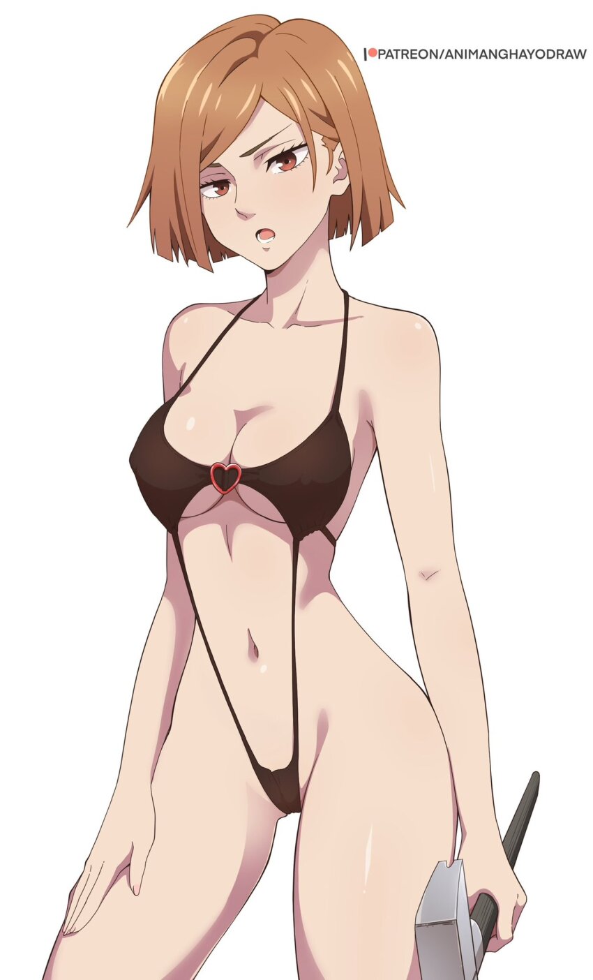 1girl, animanghayo, bare_shoulders, breasts, brown_eyes, brown_hair, cleavage, furrowed_brow