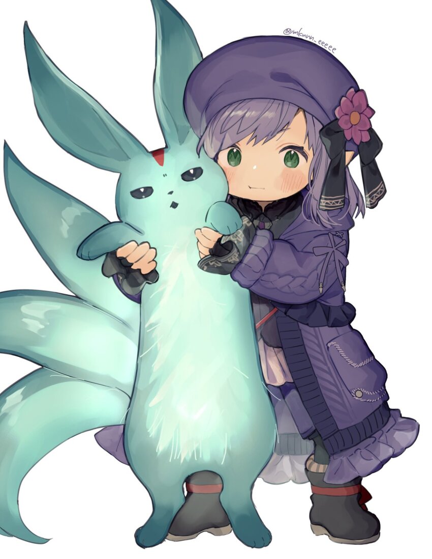 1boy, animal, arcanist_(final_fantasy), black_footwear, black_ribbon, black_shirt, boots, carbuncle_(final_fantasy)