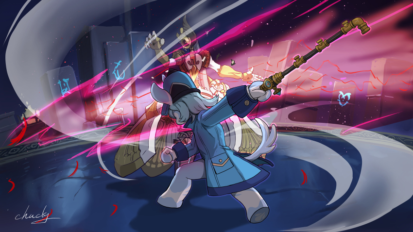 1girl, absurdres, blue_dress, blue_hair, chucky_(chucky1000sun), commentary_request, coppelia_(genshin_impact), dress, fleuve_cendre_ferryman_(genshin_impact), furry, genshin_impact, hat, highres, holding, holding_lead_pipe, holding_weapon, honkai:_star_rail, honkai_(series), lead_pipe, long_sleeves, melusine_(genshin_impact), short_hair, weapon