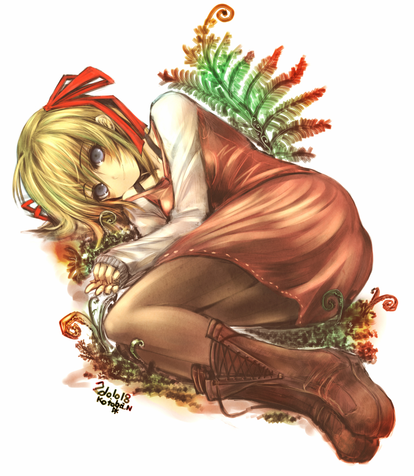 1girl, absurdres, black_eyes, blonde_hair, boots, borrowed_character, dress, female_focus, hair_ribbon, highres, hizakura_mio, kotoba_noriaki, long_sleeves, lying, on_side, original, pantyhose, ribbon, sleeves_past_wrists, solo