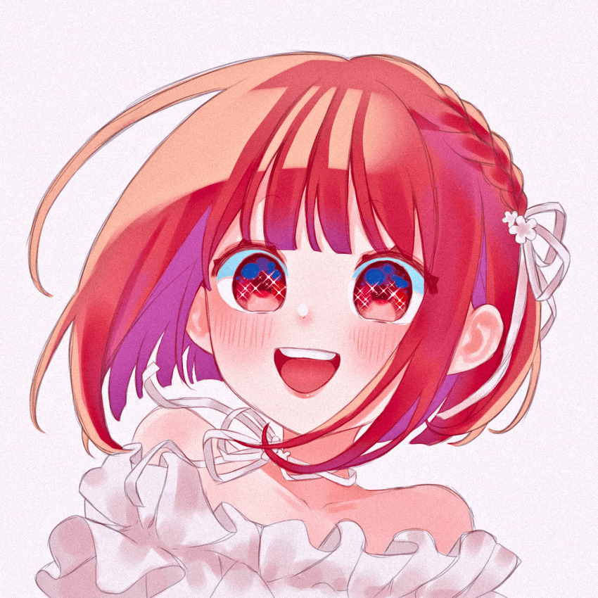 arima_kana, blush, bob_cut, dress, hair_ribbon, highres, inverted_bob, looking_at_viewer, myon27xx, open_mouth, oshi_no_ko, red_eyes, red_hair, ribbon, short_hair, simple_background, smile, solo, upper_body, white_background, white_dress
