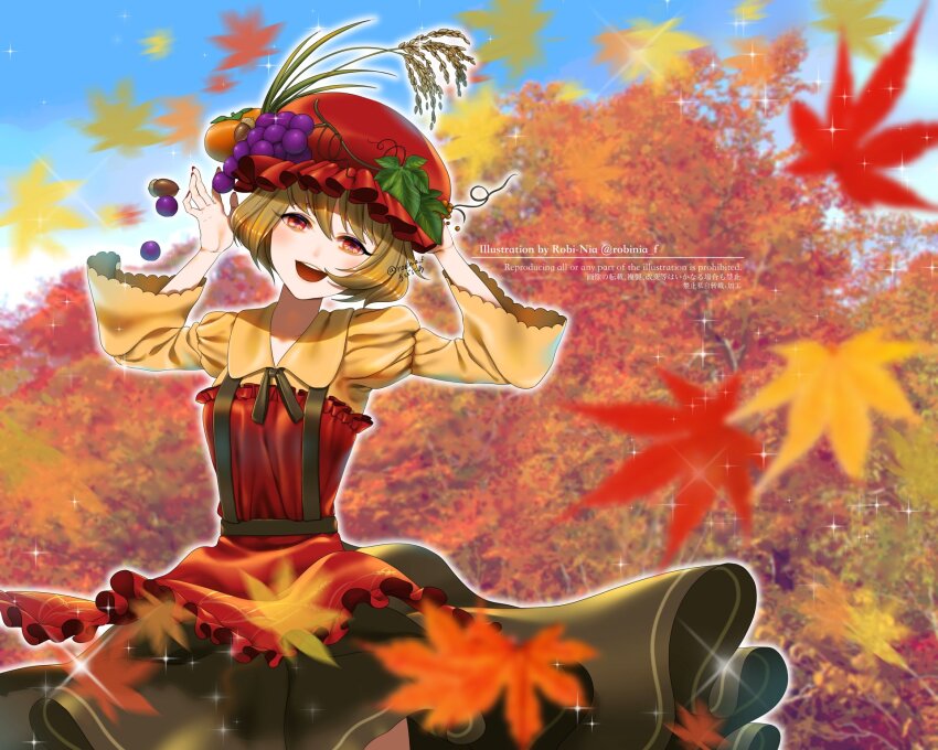 1girl, aki_minoriko, apron, autumn_leaves, black_dress, blonde_hair, cloud, cloudy_sky