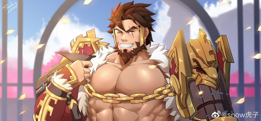 1boy, abs, armor, bara, beard, chain, check_copyright, copyright_request