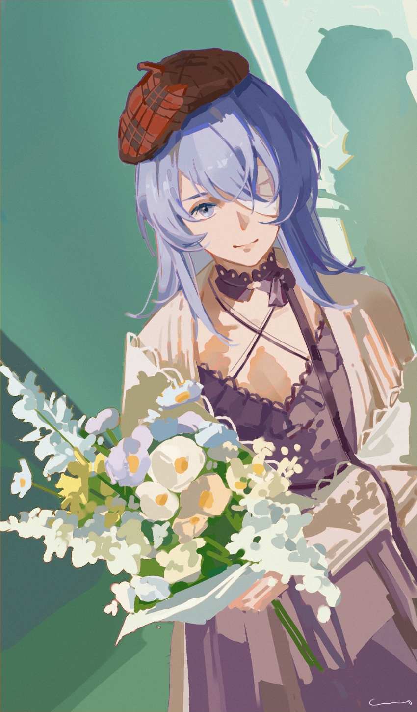 1girl, absurdres, bandage_over_one_eye, beret, black_dress, blue_eyes, blue_flower, blue_hair