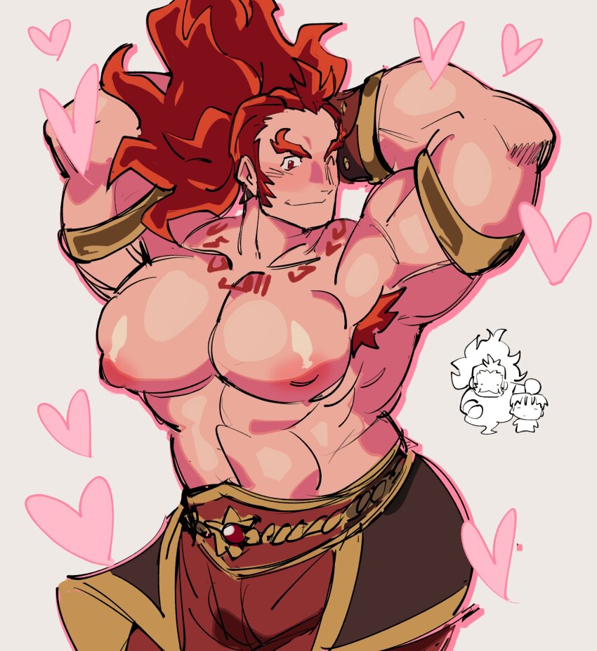 3boys, abs, armpit_hair, armpits, arms_behind_head, bara, bucchigiri, character_request, chibi, chibi_inset, cowboy_shot, doodle_inset, excessive_armpit_hair, head_bump, heart, highres, kenchiro_(bucchigiri), large_pectorals, long_hair, long_sideburns, looking_at_viewer, loving_aura, male_focus, multiple_boys, muscular, muscular_male, nipples, one_eye_closed, pectorals, prehensile_hair, sanpaku, saturday_(hokawazu), seductive_smile, senya_(bucchigiri), sideburns, smile, solo_focus, strongman_waist, thick_eyebrows